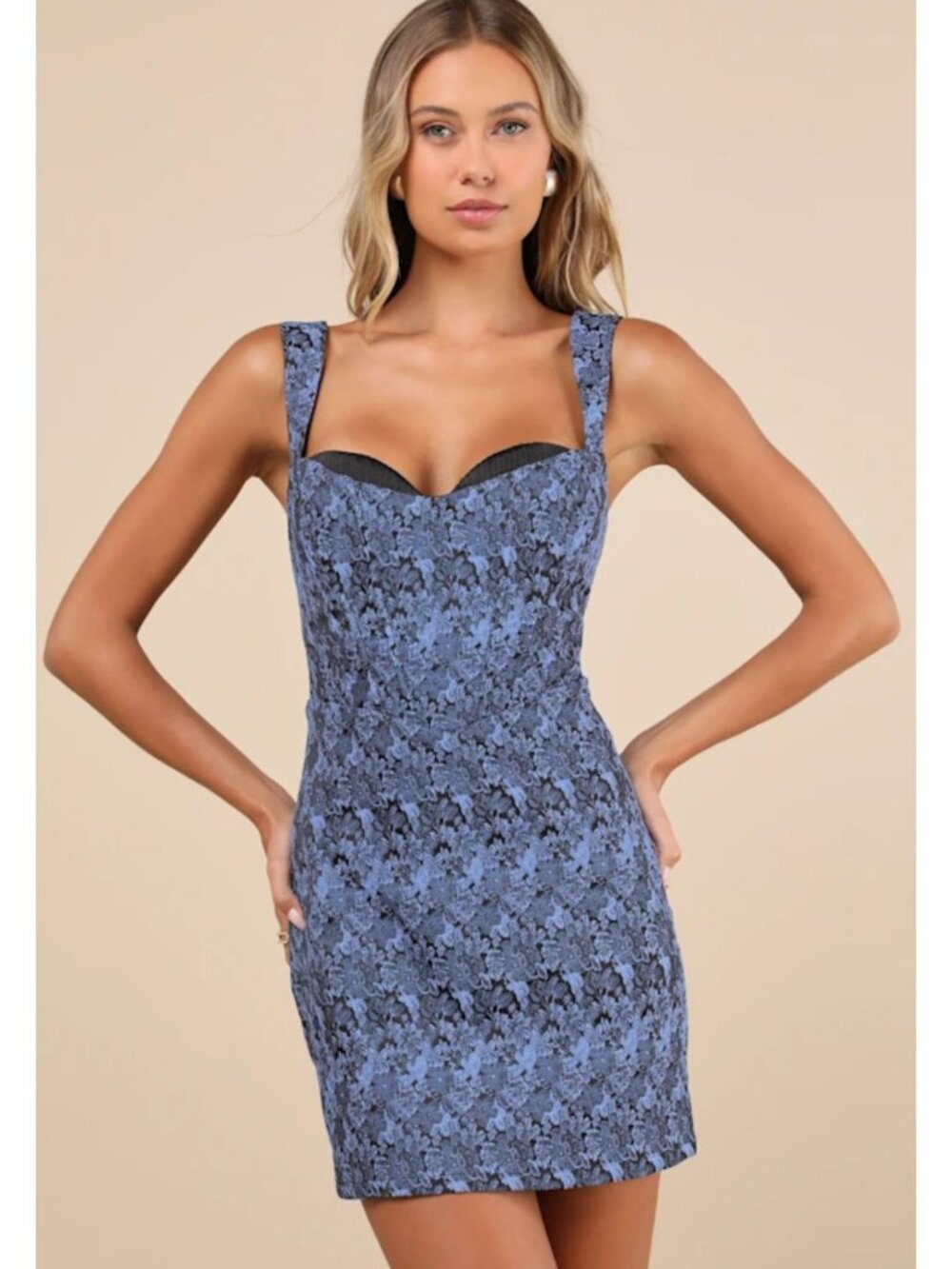 LULUS Sophisticated Celebration Mini Dress Sleeveless Floral Jacquard Blue L - Picture 1 of 14